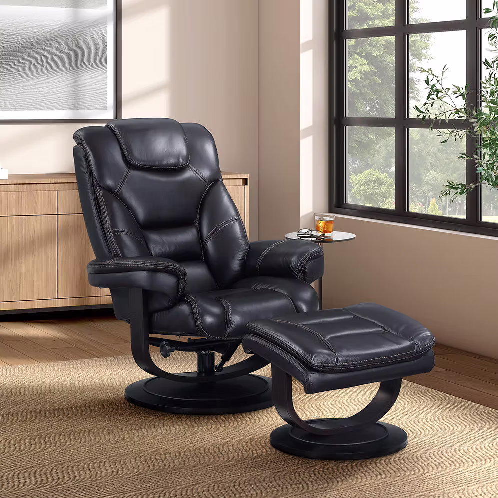 Black Recliner with Ottoman TOP GRAIN LEATHER MATCH
