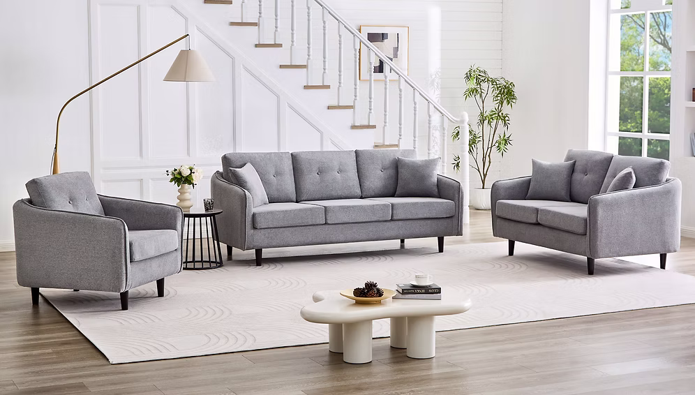 3Pc Sofa Set In Soft Touch Grey Fabric #28220