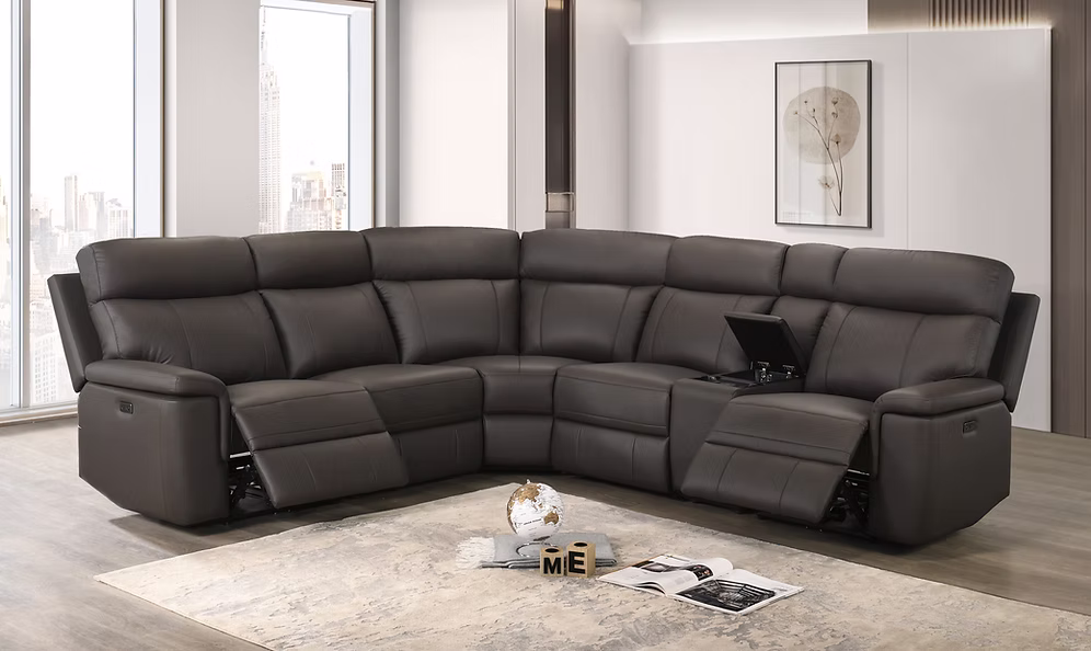 Electric Reclining Sectional Chocolate Brown Genuine Leather/Match