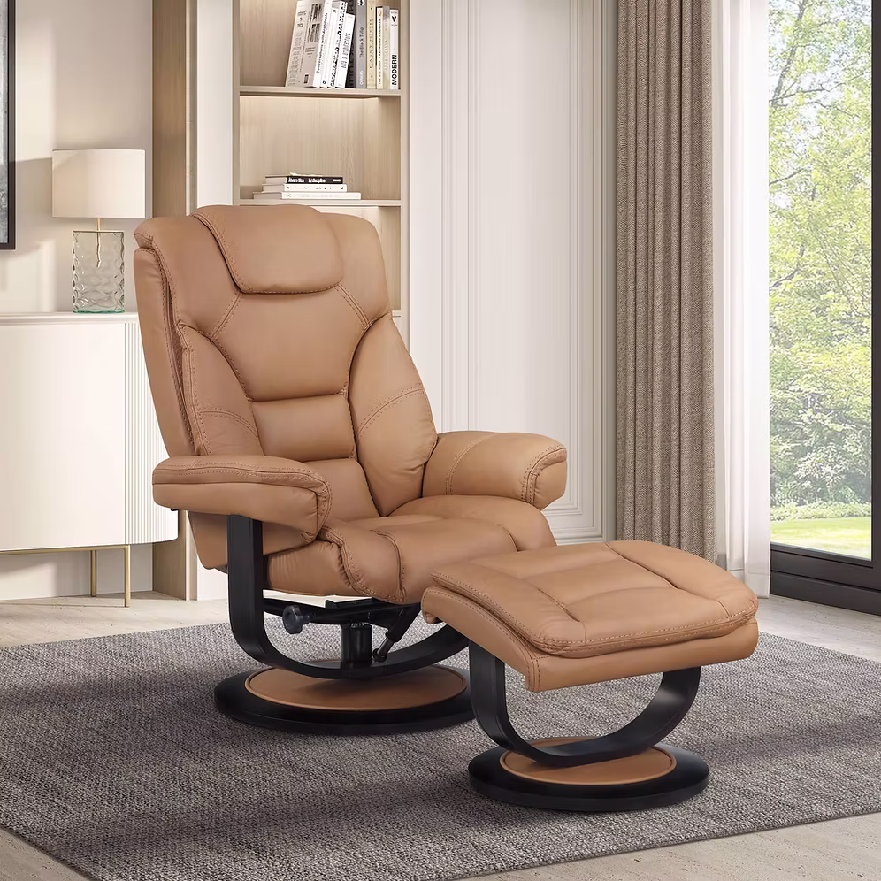Caramel Recliner with Ottoman TOP GRAIN LEATHER MATCH